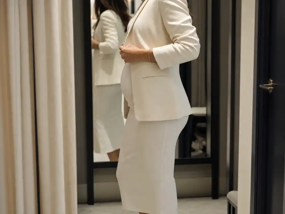 Anonymous woman adjusting cream blazer over fitted midi dress in boutique mirror showing celebrity postpartum fashion return waistline styling secrets