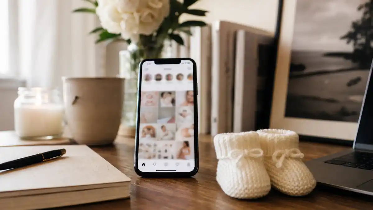 Celebrity pregnancy announcement trends 2026 — smartphone with blurred Instagram feed beside baby booties on a celebrity-style home desk