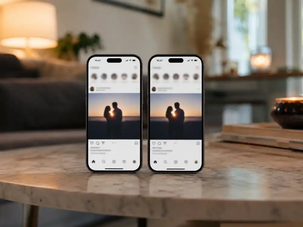 Two smartphones with matching blurred posts for celebrity pregnancy announcement trends 2026 synchronized couple reveal on marble coffee table