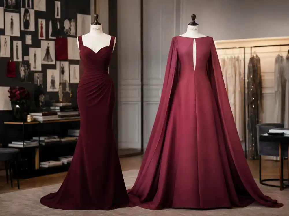 Couture fitted versus A-line gown comparison for celebrity pregnancy reveal ideas red carpet — designer strategy mannequins in atelier fitting room