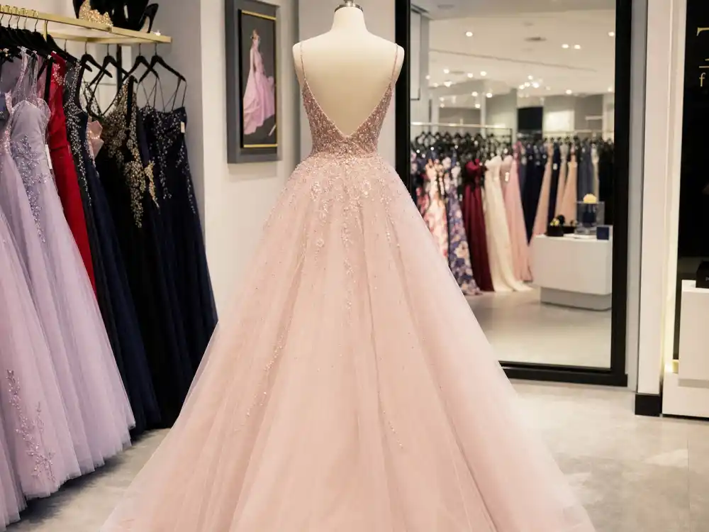 Blush pink tulle ballgown on mannequin illustrating celebrity prom dress inspiration classic princess silhouette