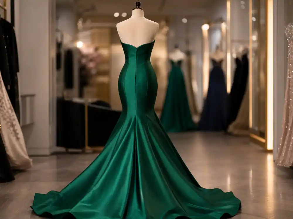 Emerald green mermaid prom dress on mannequin showing celebrity prom dress inspiration fitted red-carpet silhouette