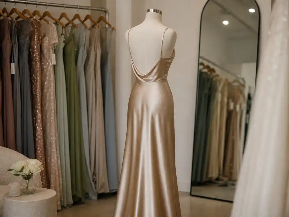 Champagne satin slip prom dress on mannequin defining celebrity prom dress inspiration minimalist column trend