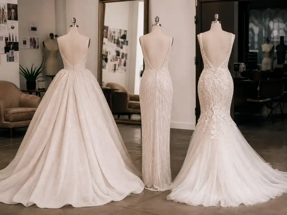 Three evening gown silhouettes on dress forms from behind showing ballgown column and mermaid shapes defining celebrity red carpet best dressed all time proportion codes