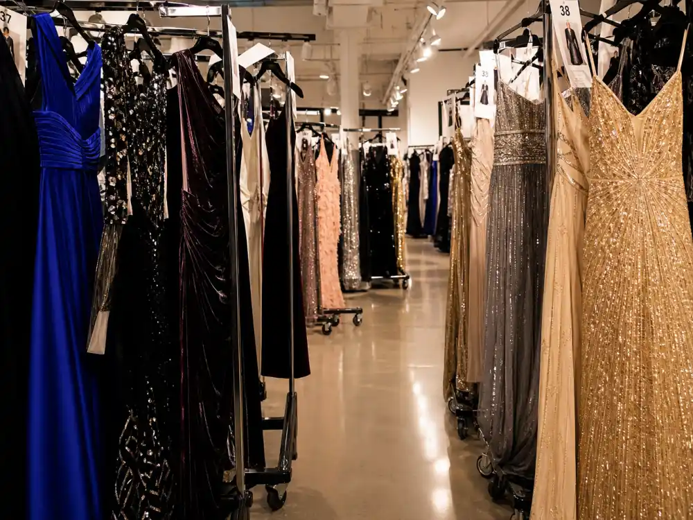 Haute couture evening gowns on rolling racks in designer showroom aisle showing luxury construction behind celebrity red carpet best dressed all time atelier preparation