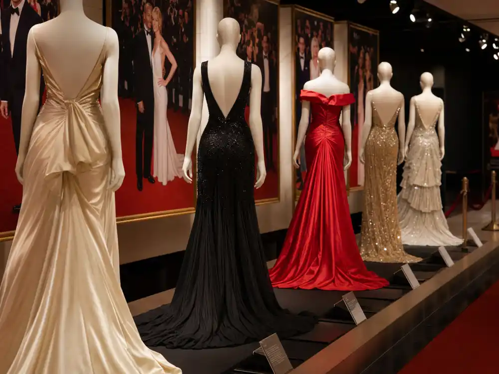 Fashion archive gallery with iconic formal evening gowns on mannequins illustrating celebrity red carpet best dressed all time history and premiere exhibition context