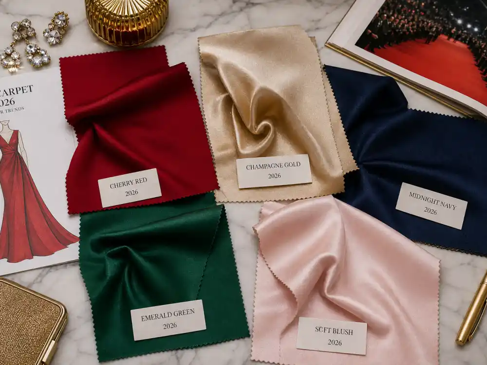 Cherry red champagne gold midnight navy emerald and blush silk fabric swatches flat lay illustrating 2026 color palette trends in celebrity red carpet dresses 2026