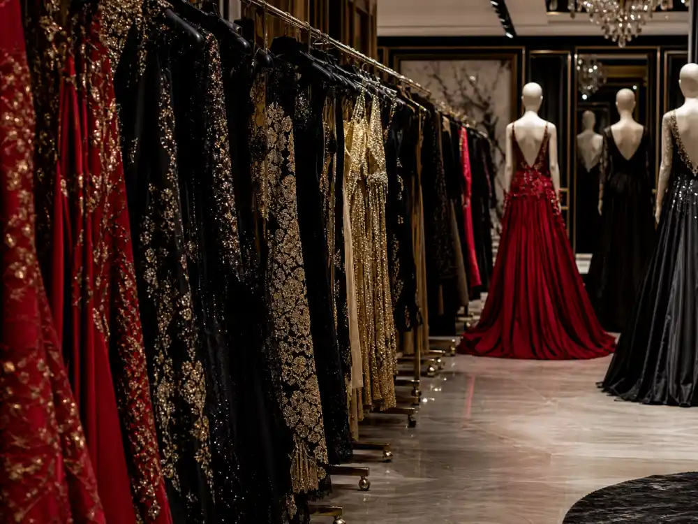 Haute couture evening gowns on rolling racks in designer showroom aisle view showing luxury construction codes behind celebrity red carpet dresses 2026