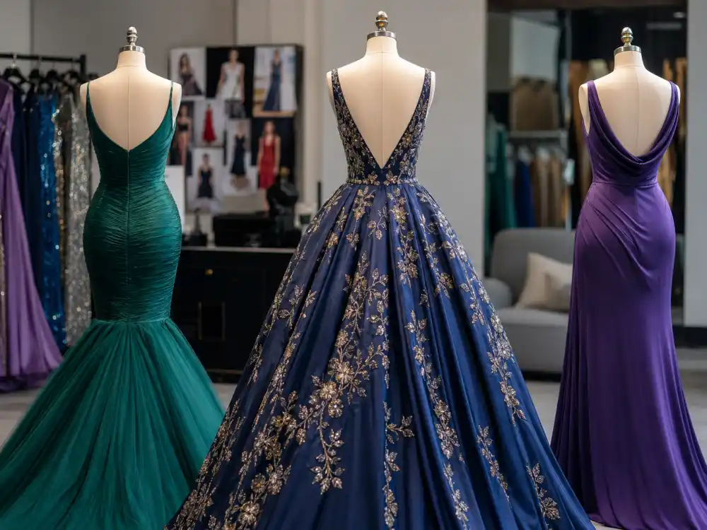 Three red carpet gown silhouettes on dress forms from behind showing mermaid A-line and column shapes defining celebrity red carpet dresses 2026 premiere proportion codes