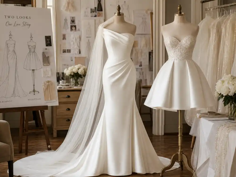 Bridal atelier with ceremony ballgown and short reception dress side by side central to celebrity second wedding dress style dual-look planning