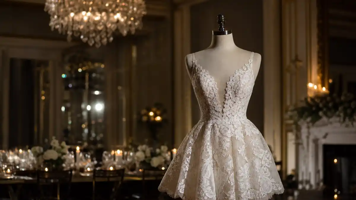 Celebrity second wedding dress style — ivory lace mini reception gown on mannequin in dimly lit ballroom with chandelier and candlelit tables
