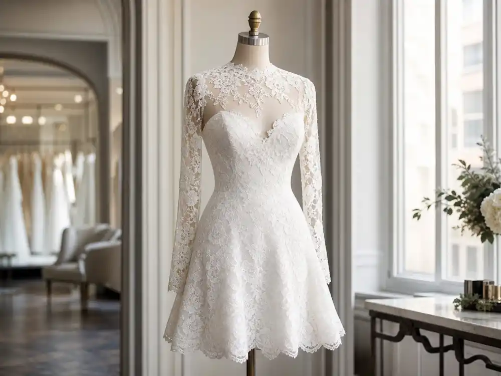 Short white lace celebrity second wedding dress style reception gown on dress form in upscale bridal boutique with natural window light