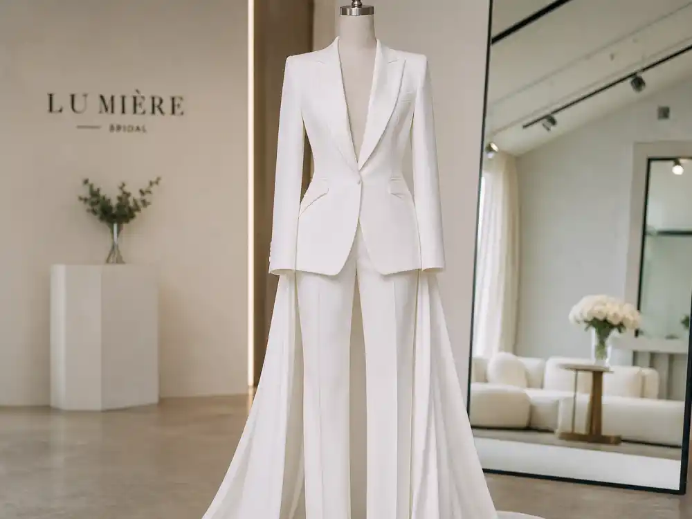 White tailored bridal pantsuit second wedding look on mannequin defining celebrity second wedding dress style modern minimalist option