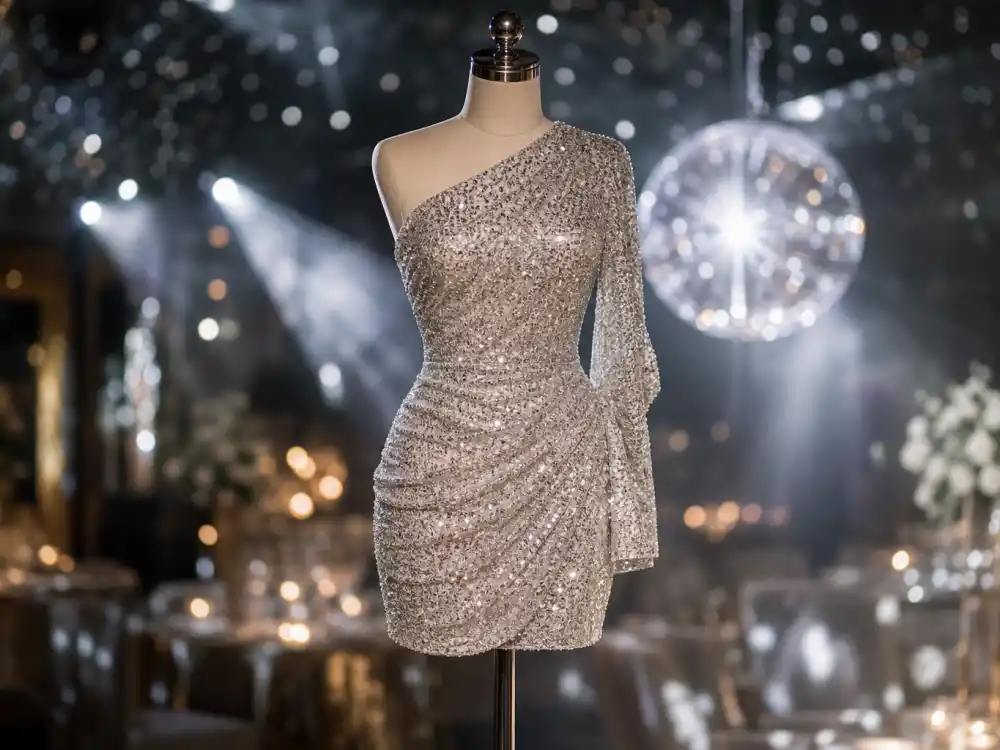 Sparkling silver sequin mini reception gown on mannequin for celebrity second wedding dress style party-ready glamour chapter