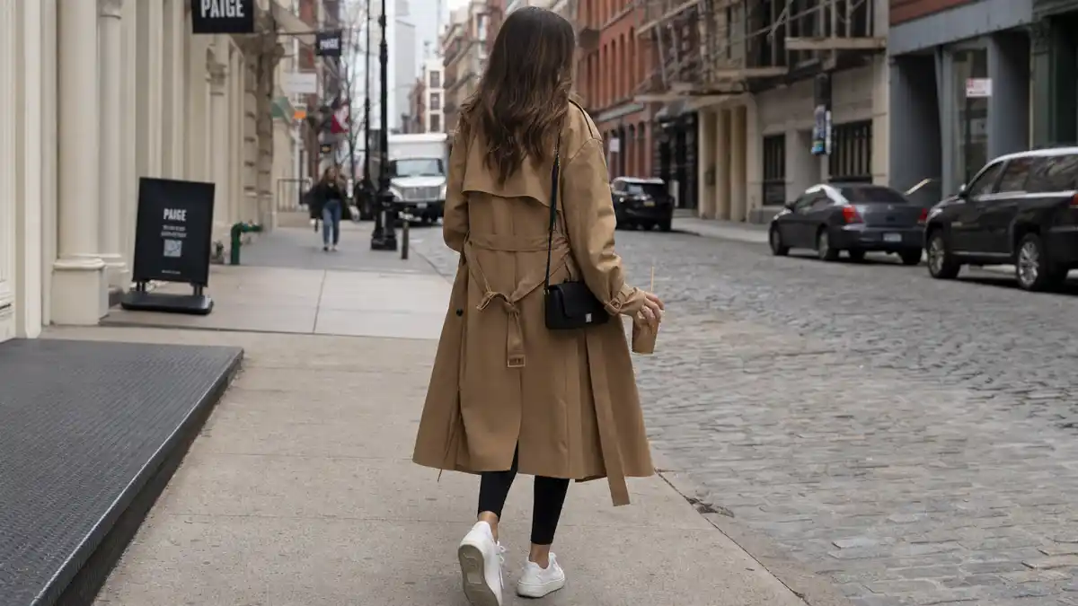 Celebrity sneaker street style outfits — camel trench black leggings white sneakers and iced coffee on SoHo cobblestone sidewalk seen from behind