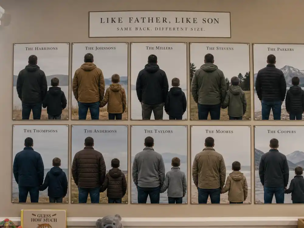 Nursery wall silhouette boards with father-son pose pairs for celebrity sons who look like their dads editorial comparison chart without faces