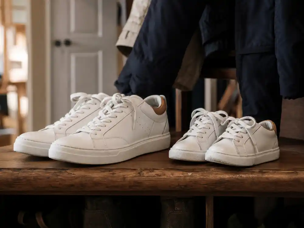Matching adult and child white sneakers on mudroom bench for celebrity sons who look like their dads coordinated father-son wardrobe mirror verified by Us Weekly