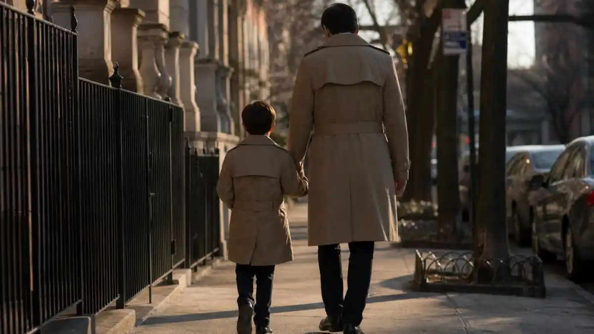 Celebrity sons who look like their dads — father and son silhouettes from behind in matching camel trench coats without faces