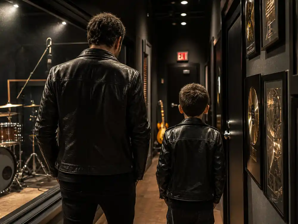 Matching black leather jackets on father and son silhouettes from behind for celebrity sons who look like their dads Saint West Kanye spiritual creative naming lane