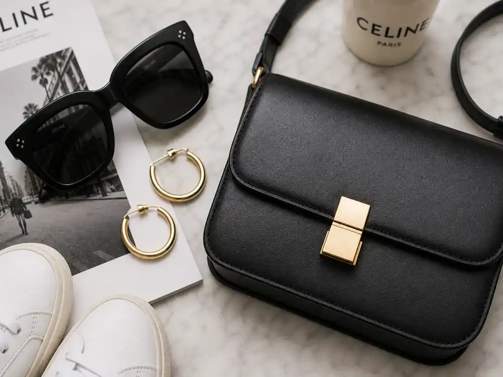 Oversized sunglasses gold hoop earrings structured crossbody bag and white sneakers finishing celebrity street style accessory layer