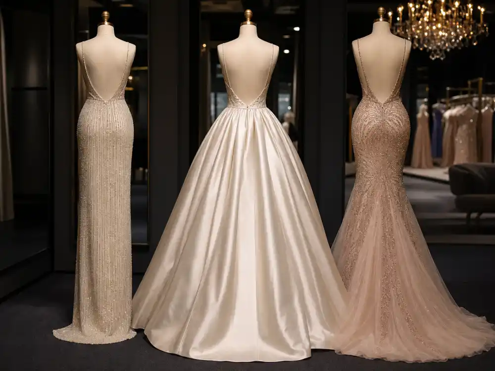 Three evening gown silhouettes on dress forms from behind showing column ballgown and mermaid shapes defining celebrity style icons of all time proportion vocabulary