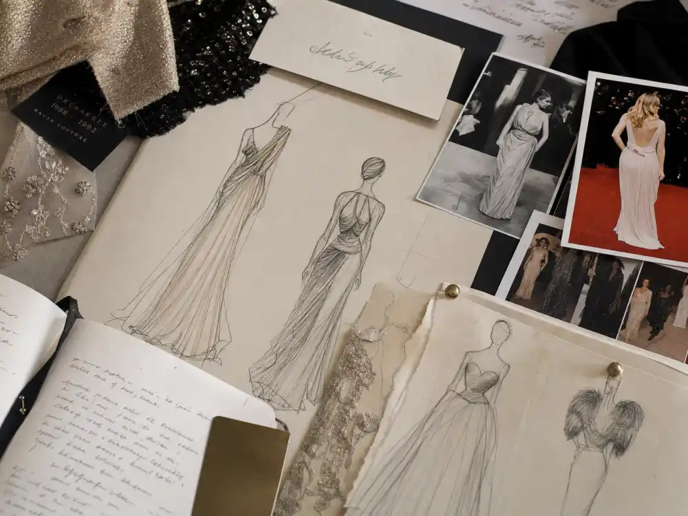 Fashion archive mood board with vintage celebrity style icon gown sketches and red carpet references defining all-time fashion legacy research