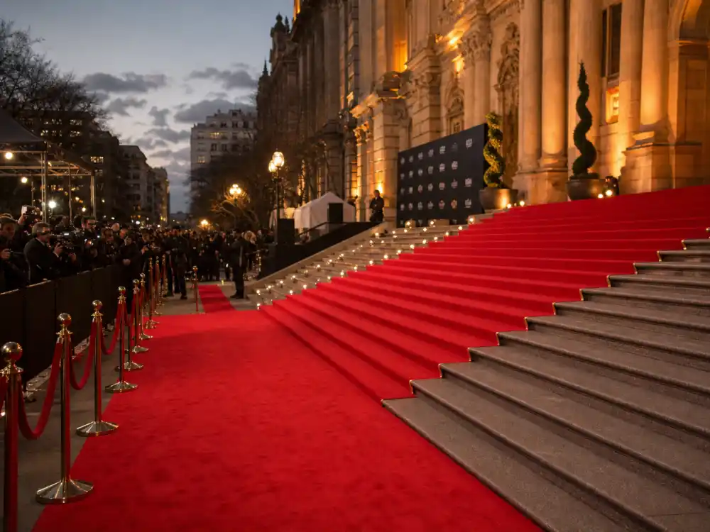 Grand theater premiere staircase with red carpet runner and velvet rope stanchions ready for celebrity style icons of all time arrivals at dusk