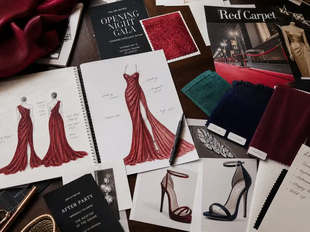 Celebrity stylist red carpet mood board with gown sketches fabric swatches and heel references illustrating how celebrity stylists pick red carpet looks during premiere planning