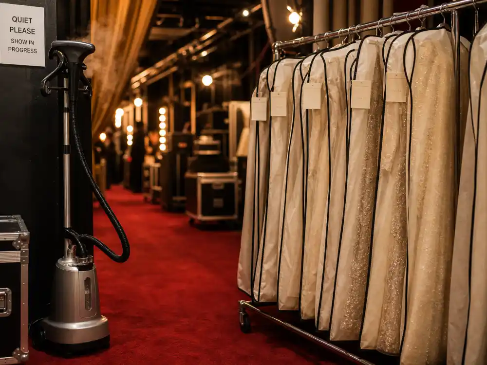 Backstage garment steamer beside rolling rack of zipped couture gown bags before movie premiere showing celebrity stylist secrets red carpet corridor preparation