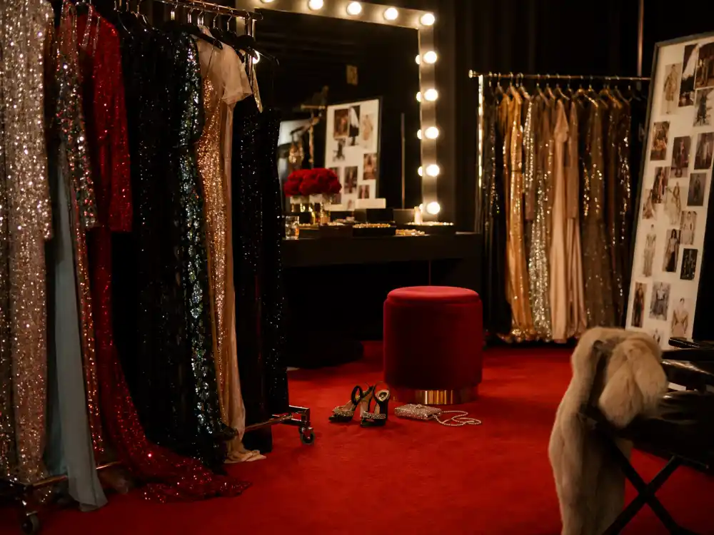 Luxury celebrity dressing room with rolling racks of sequined evening gowns and mirror lights illustrating celebrity stylist secrets red carpet backstage preparation