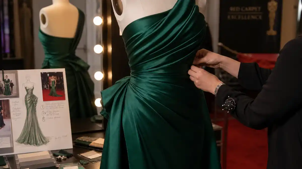 Celebrity stylist secrets red carpet — stylist hands adjusting emerald green satin evening gown on dress form in luxury fitting room with mirror lights and fabric swatches before premiere