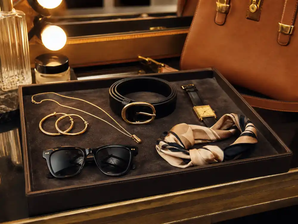 Jewelry and accessory tray with celebrity stylist wardrobe essentials including gold hoops, chain necklace, leather belt, watch, sunglasses, and structured handbag on velvet