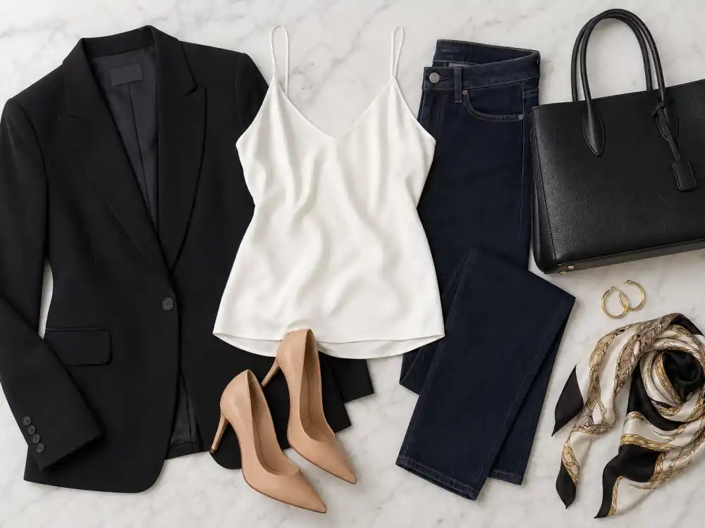 Flat lay of celebrity stylist wardrobe essentials with black blazer, silk camisole, dark denim, nude pumps, leather tote, and gold hoops arranged as a capsule foundation