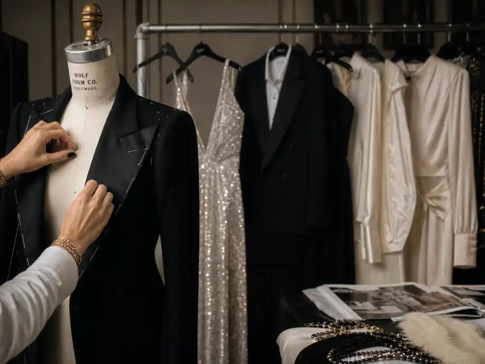 Stylist hands pinning a tailored blazer on dress form with rolling rack of celebrity stylist wardrobe essentials for premiere prep in fitting room