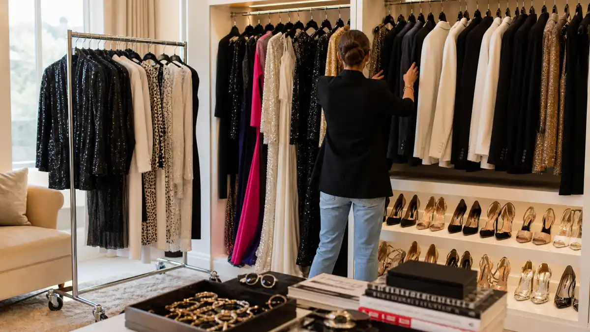 Celebrity stylist wardrobe essentials — stylist from behind organizing tailored blazers, evening gowns on velvet hangers, and designer heels in a luxury dressing room with jewelry trays