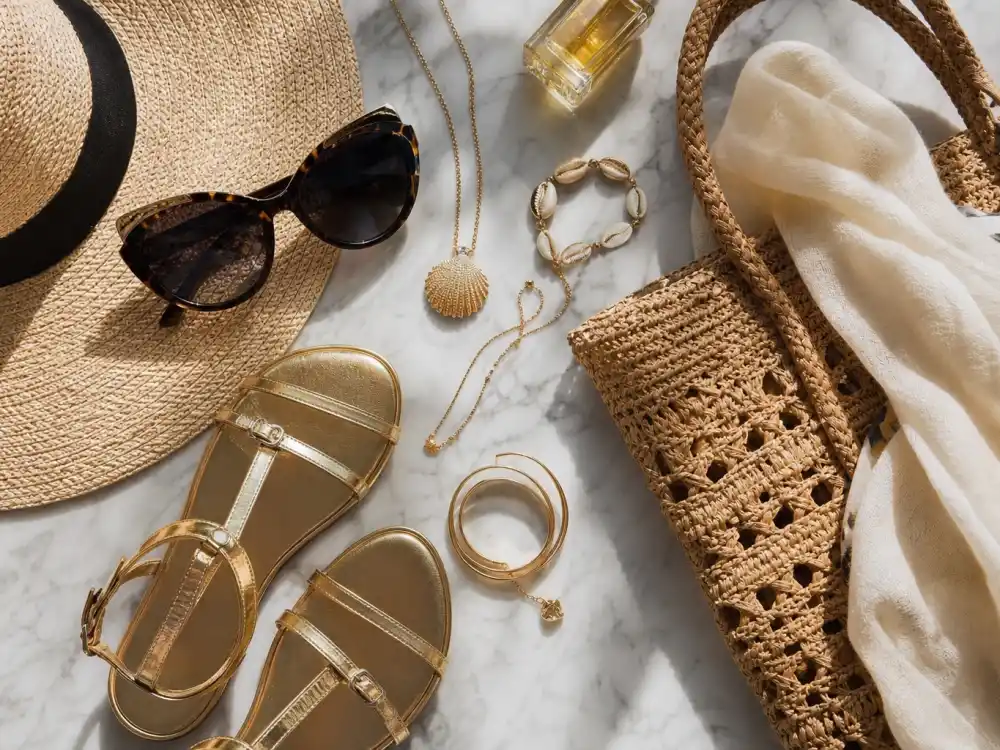 Oversized sunglasses wide-brim straw hat gold sandals and raffia tote flat lay finishing celebrity summer vacation outfits 2026 accessory stacking rules