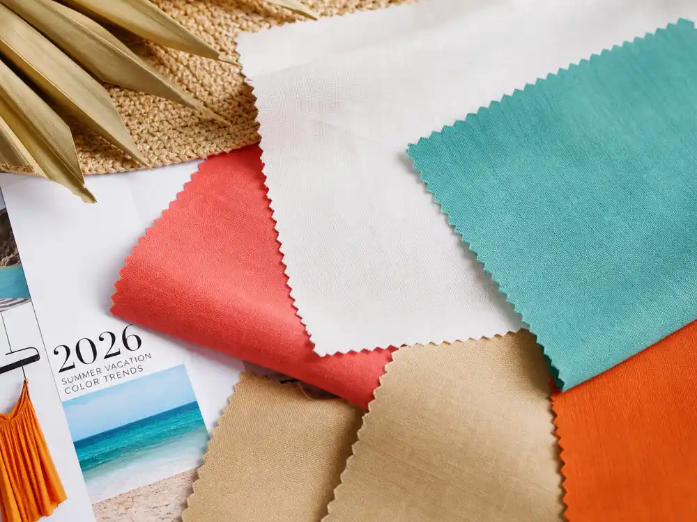 Coral turquoise crisp white linen sandy beige and sunset orange fabric swatches flat lay illustrating 2026 color palette trends in celebrity summer vacation outfits 2026