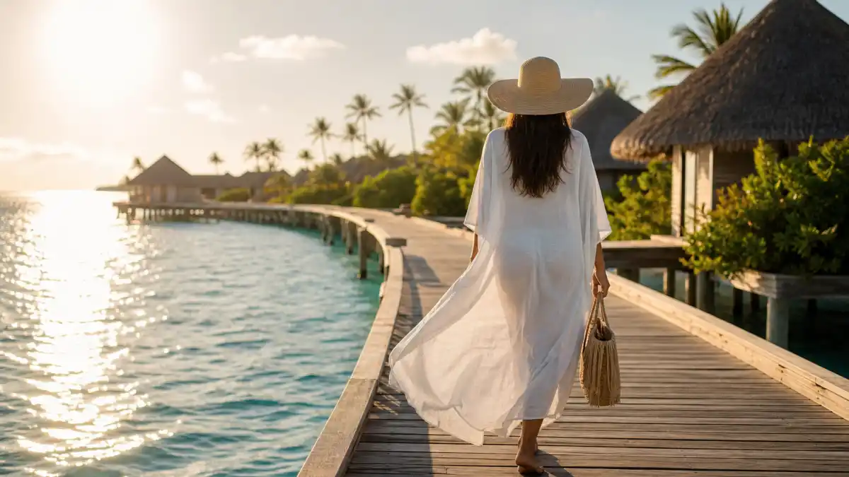Celebrity summer vacation outfits 2026 — anonymous woman from behind in flowing white linen caftan and wide-brim straw hat walking tropical resort boardwalk at golden hour with turquoise ocean