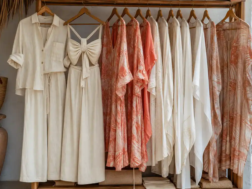 Cream linen co-ords and flowing caftans on boutique rack defining celebrity summer vacation outfits 2026 resort wear fabric foundation