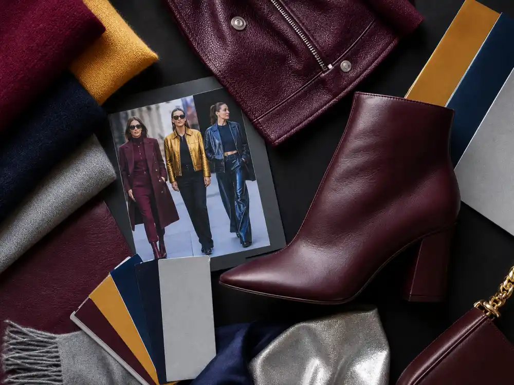 Super Bowl team color fashion palette swatches in burgundy gold navy and silver with cashmere and leather samples for celebrity super bowl fashion 2026 trends