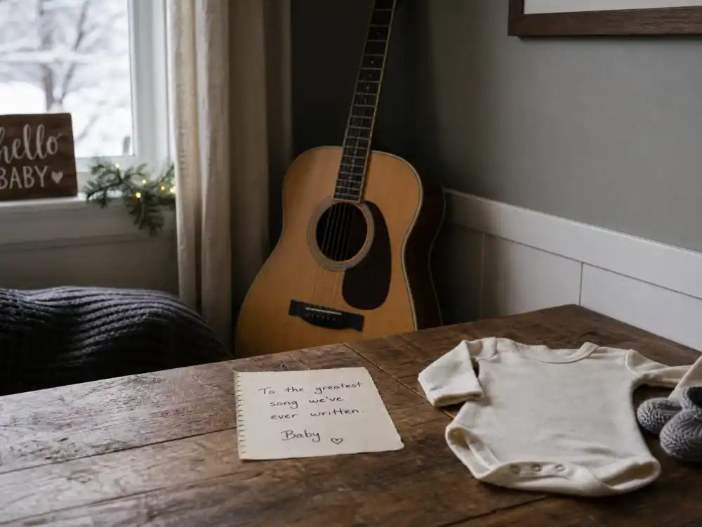 December nursery with guitar and onesie for celebrity surprise baby announcements 2025 — Shawn Mendes low-key Julian confirmation closing the calendar year