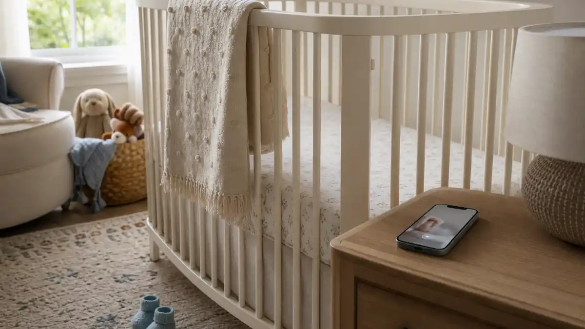Celebrity surprise baby announcements 2025 nursery hub — cream crib with smartphone showing blurred hand-grasp reveal on a nightstand beside tiny booties