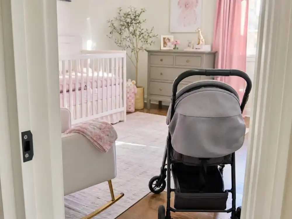 Reality-TV style nursery with stroller from behind for celebrity surprise baby announcements 2025 — Scheana Shay July birth context without identifiable faces