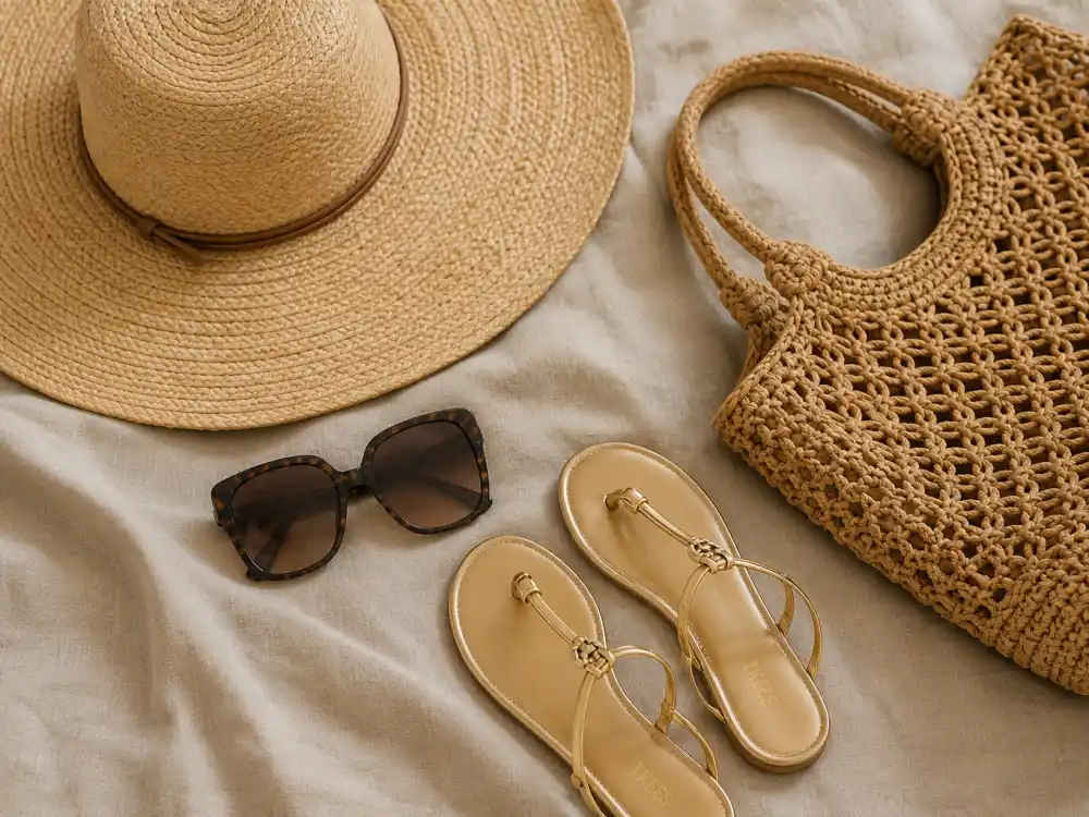 Oversized sunglasses wide-brim straw hat gold sandals and raffia tote flat lay finishing celebrity vacation resort wear accessory stacking rules