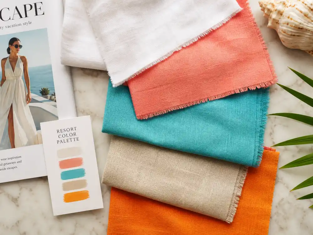 Coral turquoise crisp white linen sandy beige and sunset orange fabric swatches flat lay illustrating color palette trends in celebrity vacation resort wear