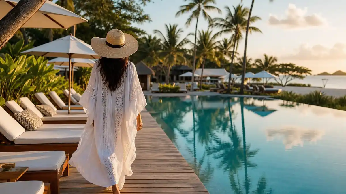 Celebrity vacation resort wear — anonymous woman from behind in flowing white linen caftan and wide-brim straw hat walking luxury tropical resort pool deck at golden hour