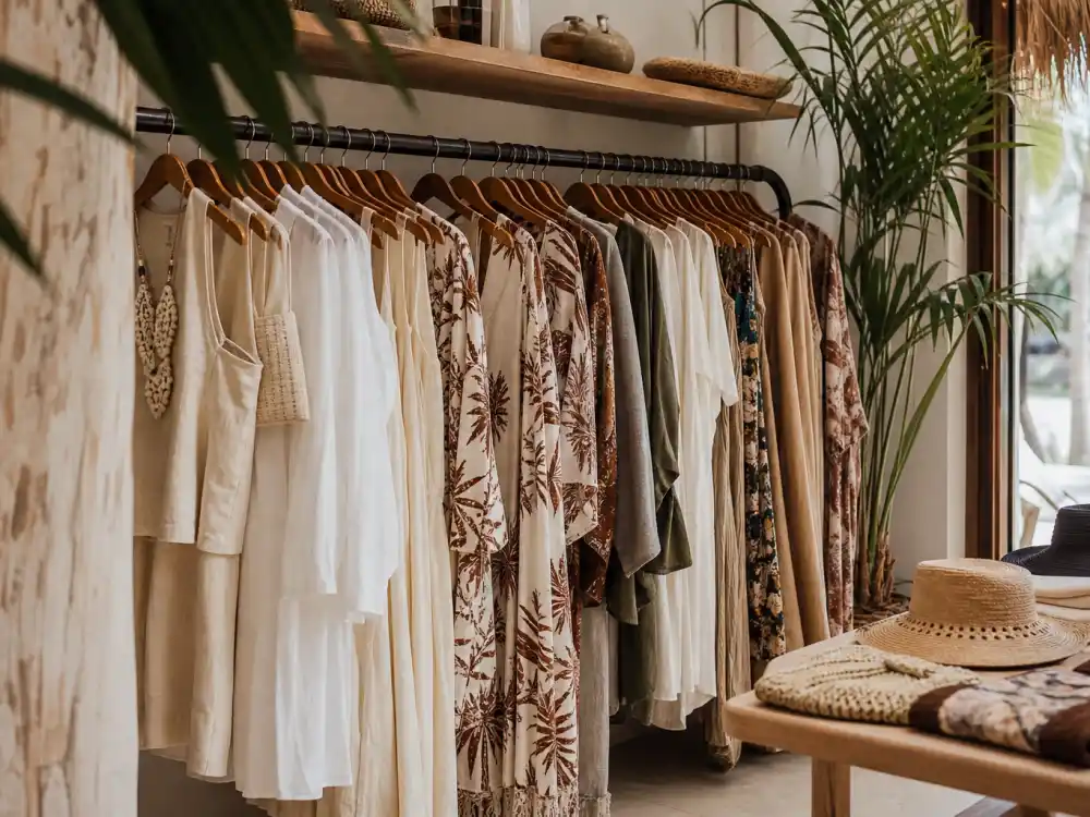 Cream linen co-ords and flowing caftans on boutique rack defining celebrity vacation resort wear fabric foundation at tropical resort shop