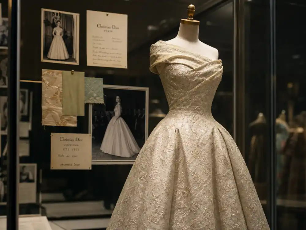 Vintage haute couture gown in glass museum display illustrating celebrity vintage designer fashion archival preservation and red carpet history