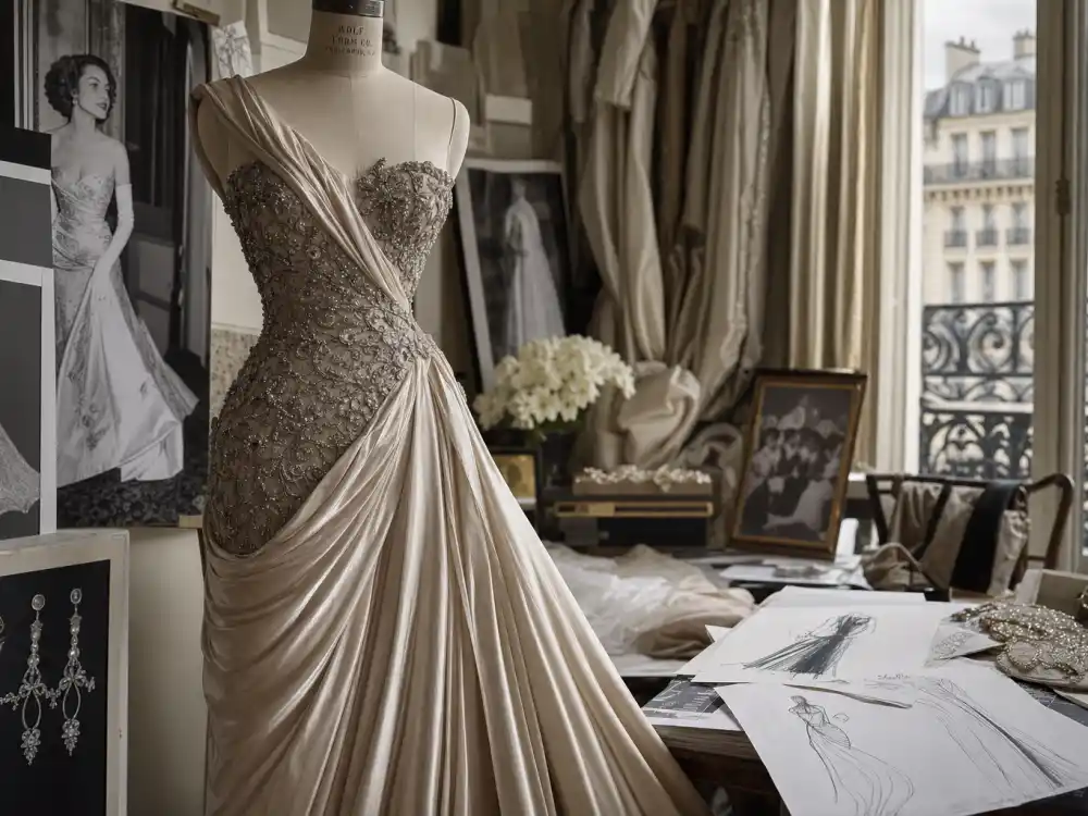 Paris atelier vintage couture gown on dress form with beaded embroidery showing construction codes behind celebrity vintage designer fashion archives