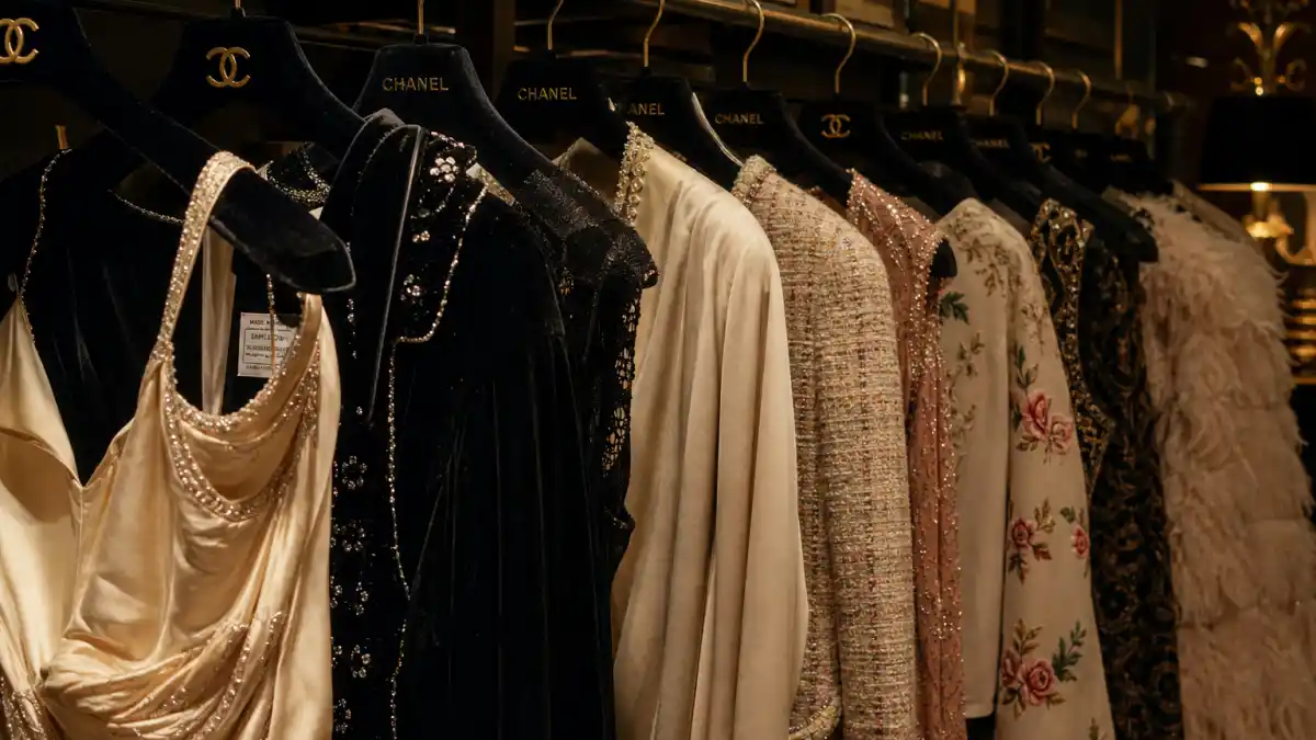 Celebrity vintage designer fashion — archival Chanel couture rack with silk gowns beaded jackets and velvet hangers in luxury fashion archive